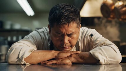 Chef pauses with hands resting on countertop in busy kitchen. Tension visible on face in heat of culinary work. Concept of restaurant, food service, culinary arts
