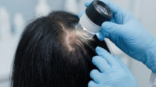 Scalp examination by dermatologist,diagnosing hair loss with magnifying glass,medical inspection of hair and scalp health in clinical environment
