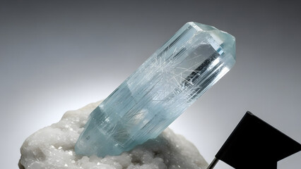 Stunning aquamarine crystal on quartz matrix with sharp facets and inclusions