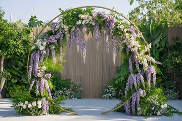 A traditional circular wedding arch adorned with cascading wisteria and lush foliage, creating a romantic setting for vows,