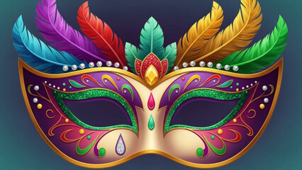 Ornate Venetian masquerade mask with colorful feathers and glitter perfect for carnival Mardi Gras or costume party invitations and designs