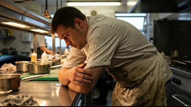 Chef leans on kitchen counter looking down, tired from long shift. Bright kitchen setting with cooking utensils and pans. Concept of restaurant, food industry, culinary arts