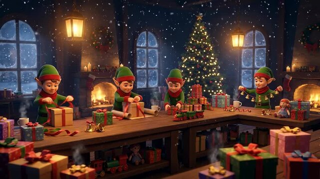 Elves wrap colorful gifts in a workshop filled with holiday decorations and a warm fireplace. Soft lighting creates a festive atmosphere. Concept of holiday spirit, gift wrapping, seasonal events