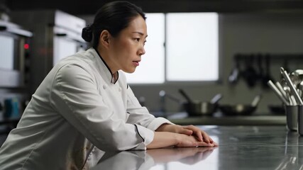 Chef sits at kitchen counter in focus on tasks and emotions. Stainless steel workspace with cooking equipment in background. Concept of culinary industry, restaurant management, food service