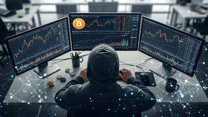 Trader analyzing cryptocurrency market trends on multiple screens.