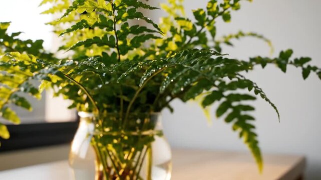 Delicate Fern Fronds In A Glass Vase With Reflected Sunlight In Minimalist Decor Setting