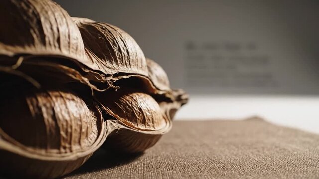 Detailed Close Up Of A Decorative Nut Shell Pod Revealing Seeds Inside On Background