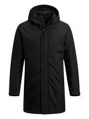Black long sleeve hooded waterproof jacket with zipper closure and pockets