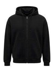 Black zip up hoodie sweatshirt with drawstrings and pockets on white background