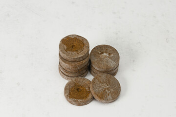 Peat tablets for seed planting. These tablets must be soaked in water before use