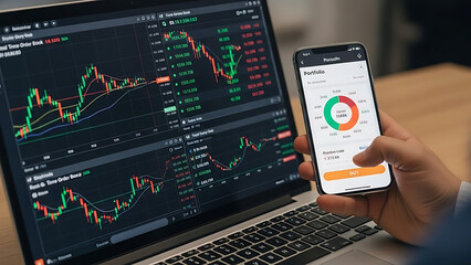 Person analyzing financial data on laptop and mobile device.