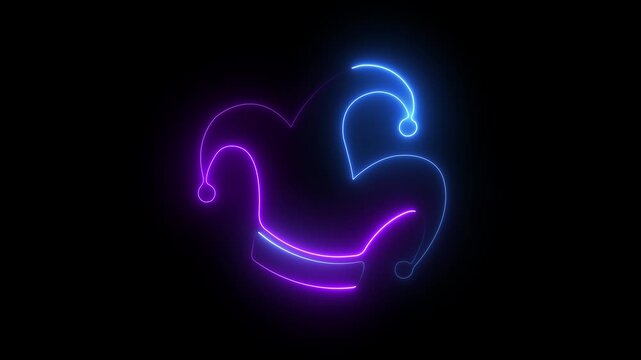 Abstract glowing neon Glowing Neon Jester joker Hat Icon Animation on Black Background. Neon Clown Hat with Bells . Casino gambling .4k motion video animation .
