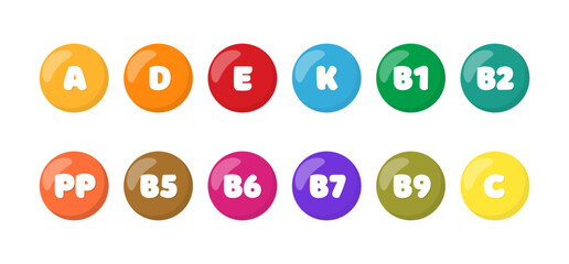 Vitamins vector set. Multivitamin complex icons.