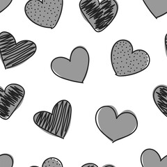 Hand drawn hearts seamless pattern. Grayscale vector romantic illustration.