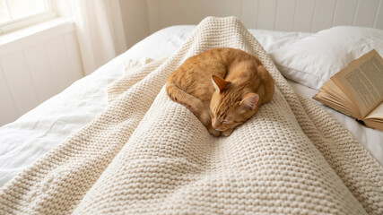 A peaceful orange cat sleeping curled up on a woman's legs in a bright white bed