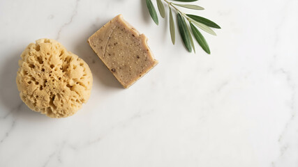 Natural sponge and handmade olive oil soap on marble background  