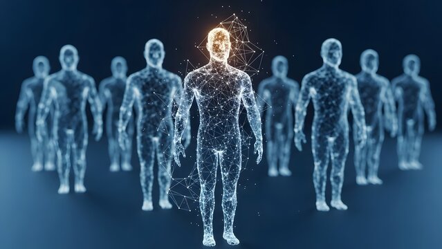 Artificial intelligence and human network connection. Digital transformation and leadership. Glowing blue wireframe man standing in front of a group of digital silhouettes