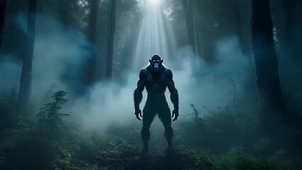 A mysterious creature stands in a foggy, mystical forest