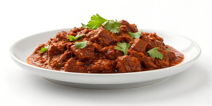 carne adovada New Mexico, slow cooked pork marinated in red chile, tender meat texture, simple white plate, isolated on white background, high detail commercial food photo