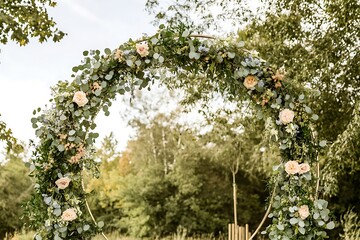 A vintage circular wedding arch decorated with soft greenery and floral garlands in warm, earthy tones,