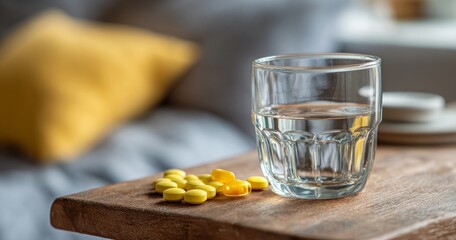 Bright Indoor Scene of Medicine Routine with Water Glass and Yellow Pills at Home