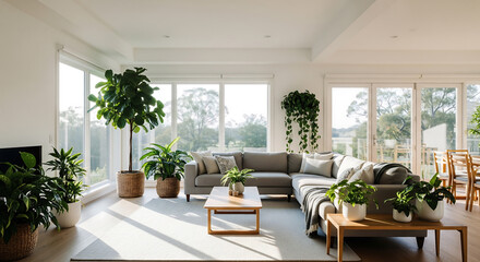 Fototapeta premium Modern living room interior with plants and natural light. Home decor and design.