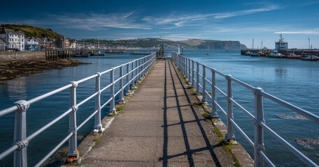 Obraz premium Tranquil View of a Pier with Clean Railings Overlooking a Serene Harbor Scene