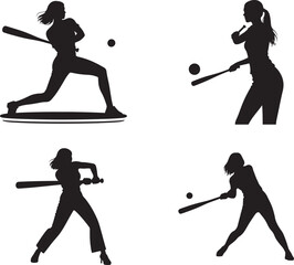 Dynamic Female Baseball and Softball Player Silhouettes in Various Batting Poses, Vector Illustration and Clip art