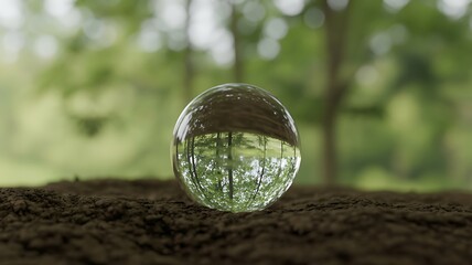 A crystal ball on the ground reflecting a serene forest landscape