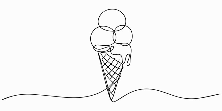 ice cream, Ice cream, gelato one line vector sketch, continuous outline illustration. one line Icon drawing, Continuous one line drawing of Ice cream gelato. Ice cream with cone in single line draw