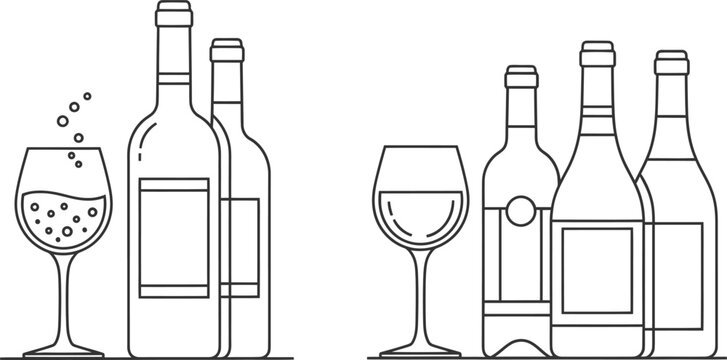Wine bottles and glasses illustration with sparkling and still wine