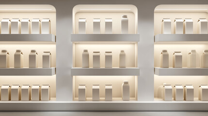 Minimalist milk packaging display on modern store shelves with clean design and soft lighting