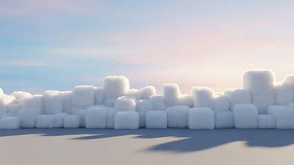 Fototapeta premium Abstract cityscape of soft white cubes under a serene dawn or dusk sky