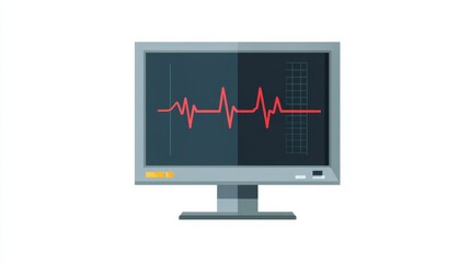 A digital medical monitor displays a heart beat pulse on a technology screen featuring a vector illustration of a health graph and finance data chart for hospital or business market trading