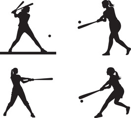 Dynamic Female Baseball and Softball Player Silhouettes in Various Batting Poses, Vector Illustration and Clip art