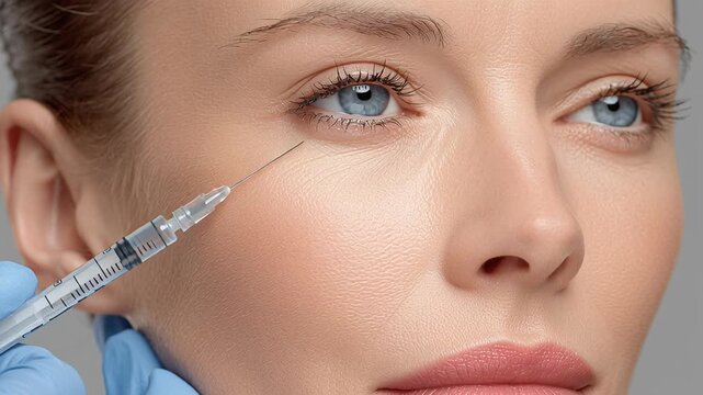 4k video of a cosmetologist applying botox or filler on a patient's infraorbital area.