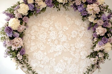An elegant circular wedding arch featuring a detailed floral lace backdrop decorated with soft purple and ivory flowers,