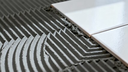 Texture And Ridges On Wet Tile Adhesive, Focus On Bonding Surface With Combed Adhesive Textures, Scene Highlights Readiness Of Material With Detailed Wet Adhesive Ridges And Textures
