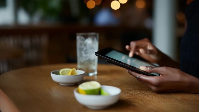 hyper-detailed close-up lifestyle scene focusing on a person&rsquo;s hand holding a slim black e-reader above a wooden table in a cozy café or bar environment. The hand has a natural 4K