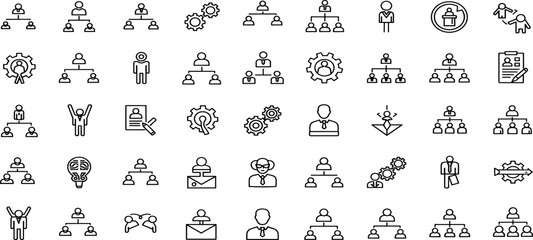 A collection of simple line icons representing various business and technology concepts in a minimalist style