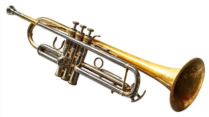 Obraz premium Shiny brass trumpet music instrument with gold mouthpiece and valves isolated on white and black background for jazz band or orchestra entertainment