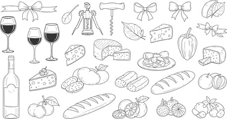 Fototapeta premium Delicious food and wine illustration set with various cuisine and drinks