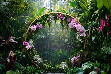 An elegant circular wedding arch surrounded by lush greenery and cascading orchids,