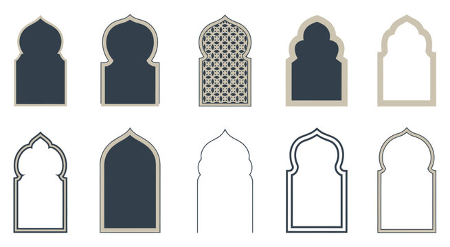 Islamic and moroccan arch designs, featuring traditional arch shapes with intricate patterns, perfect for cultural and architectural projects, decorative layouts, islamic art, and elegant vector 