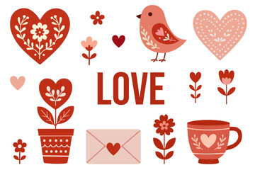 Romantic Valentine Day icons in red, pink, and cream hearts, flowers, bird, cup, and "LOVE" text, perfect for festive, affectionate, and seasonal design themes.
