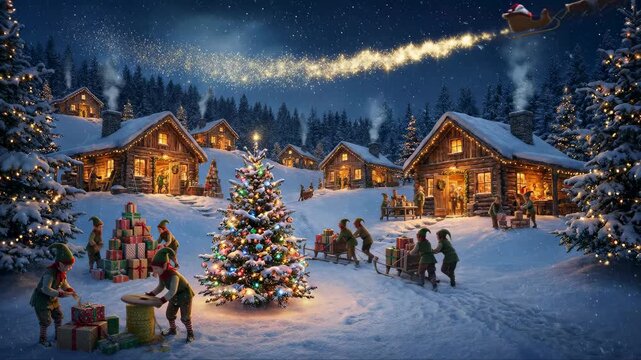 Snowy village with children gathering around Christmas tree and Santa flying above. Cozy homes with lights and decorations. Concept of holiday cheer, family gatherings, festive spirit