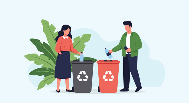 Man and woman sorting waste, putting plastic bottles into separate red and black recycling bins to promote environmental protection.