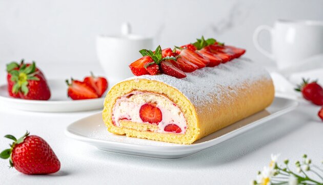 Elegant strawberry biscuit roll on white table texture