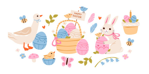 Playful Easter with bunny, goose, chicks, basket of eggs, and spring decorations, creating a cheerful holiday scene on white background.