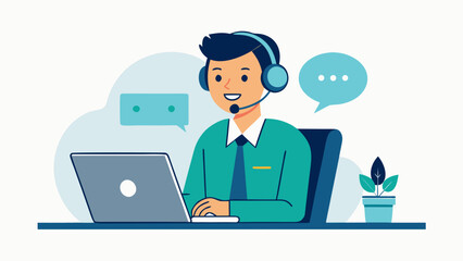 Customer support specialist working on laptop Vector